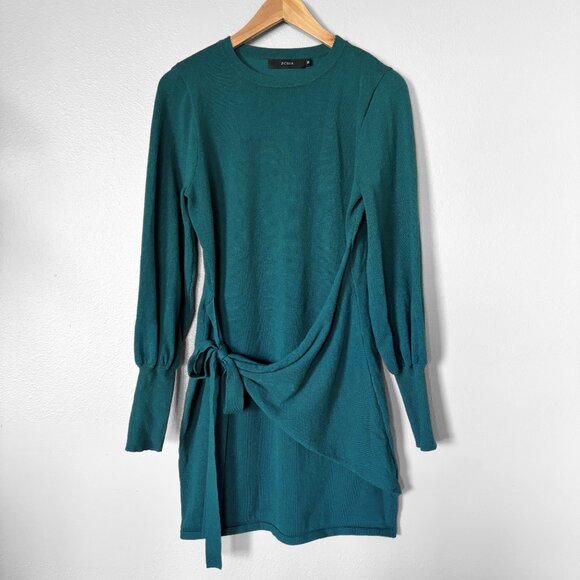 Emerald Green Tie Waist Crewneck Sweater Dress Womens Medium Cozy Holiday Party - Picture 1 of 13